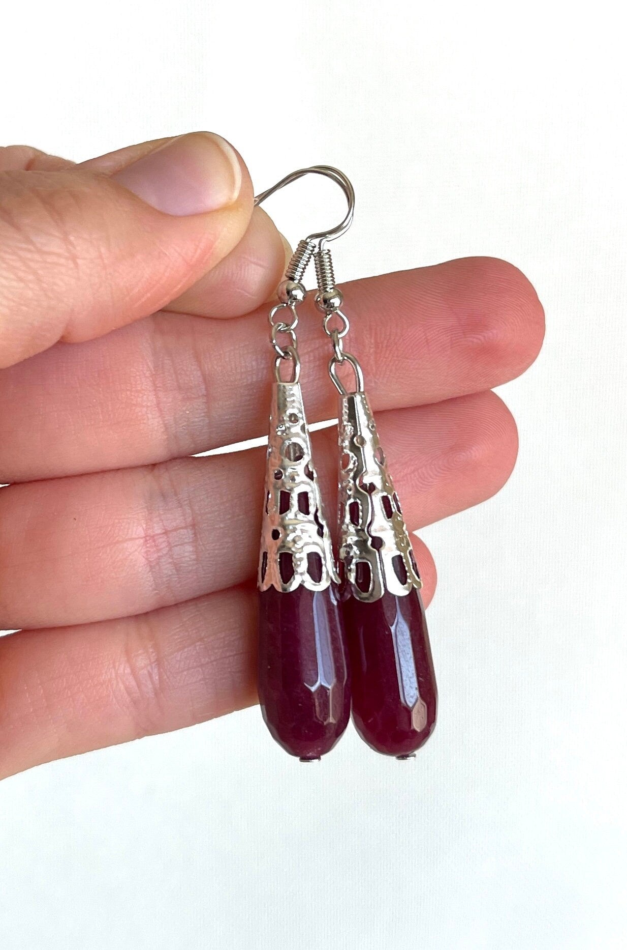 Garnet Earrings - Silver Garnet Earrings - Dangling Crystal Earrings  - Drop Crystal Earrings - Small Crystal Earrings - Dainty Earrings