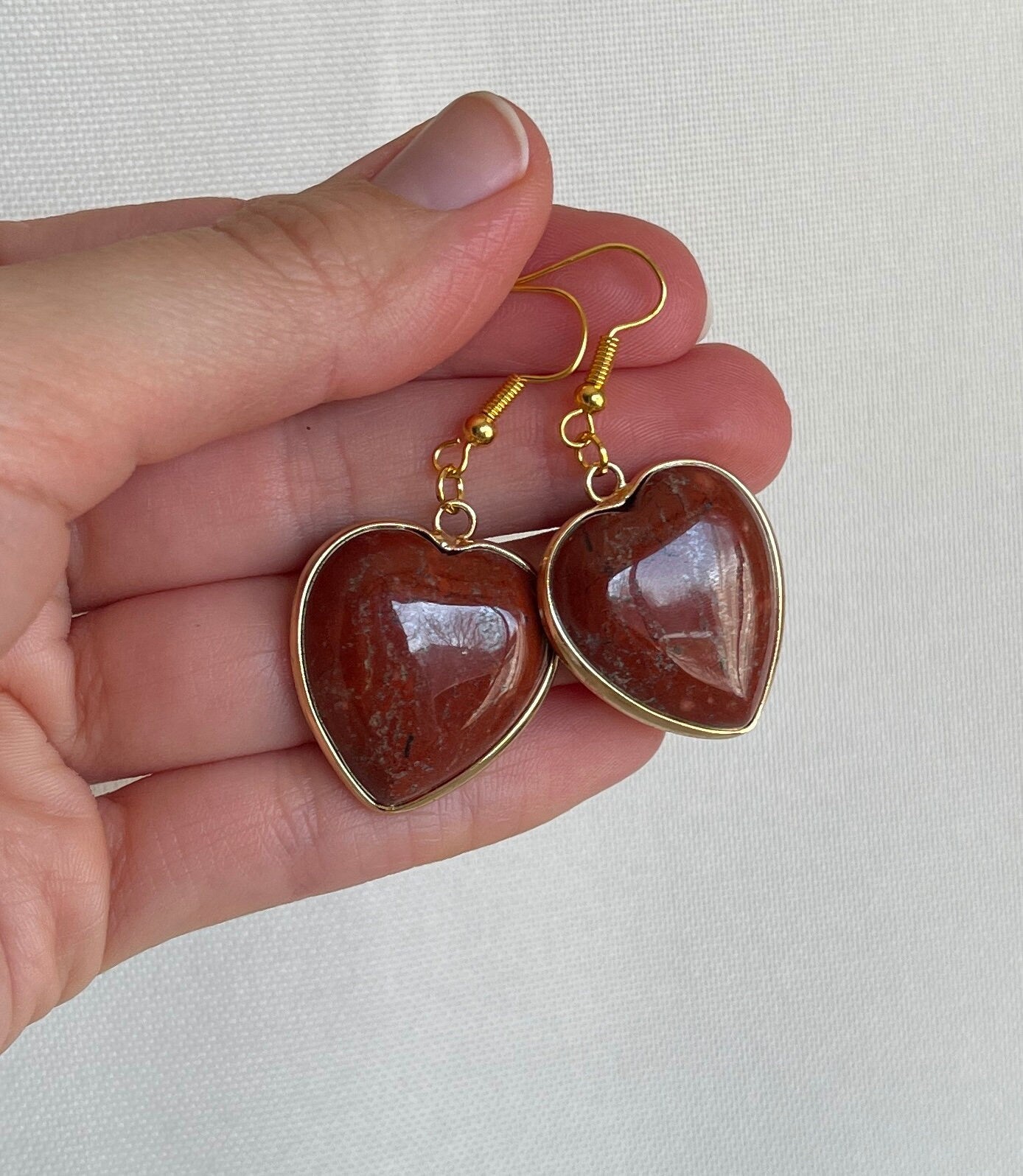 Jasper Gold Earrings - Crystal Earrings - Red Jasper Earrings - Heart Earrings - Dainty Earrings - Perfect Gift For Her - Red Crystal