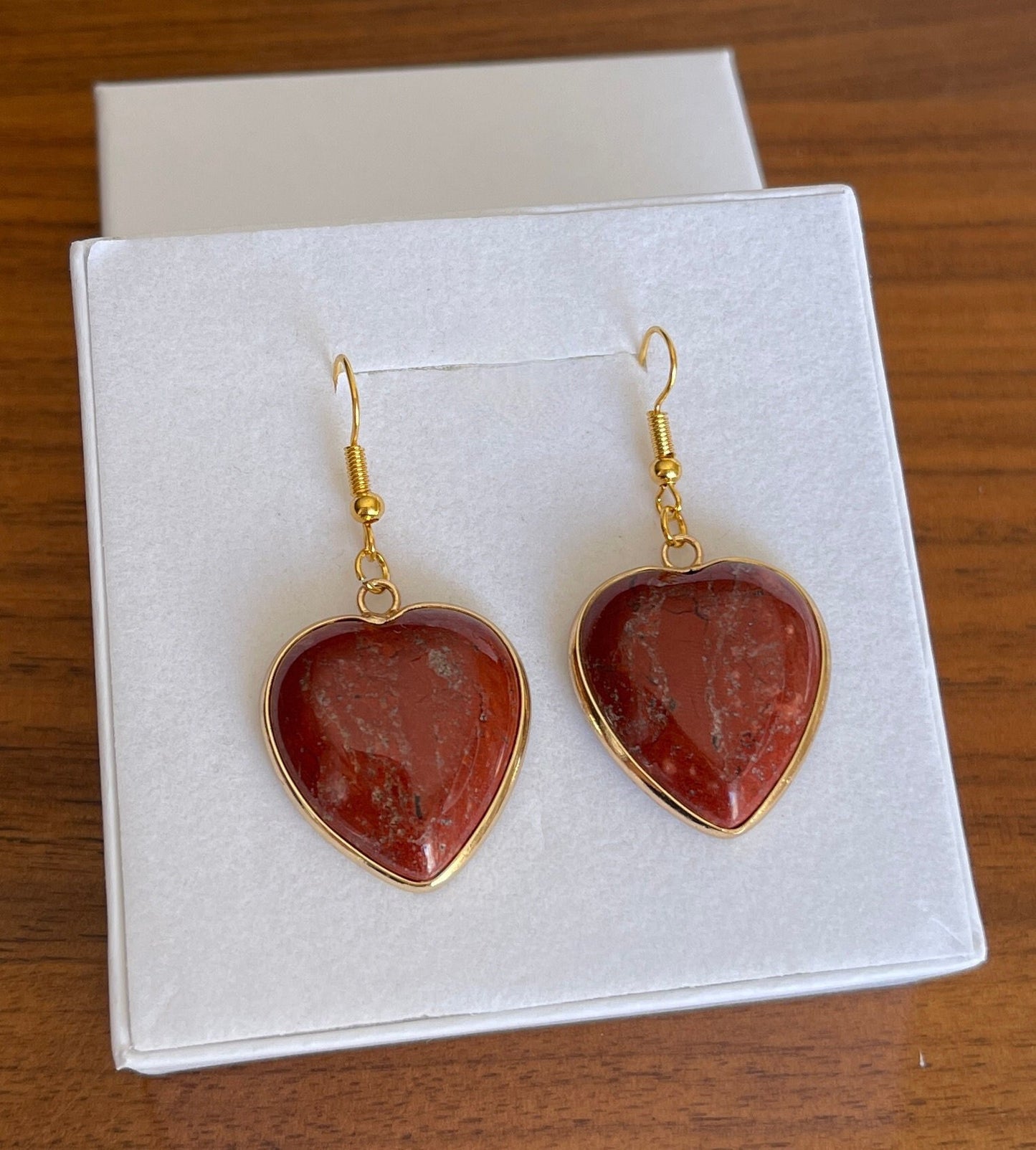 Jasper Gold Earrings - Crystal Earrings - Red Jasper Earrings - Heart Earrings - Dainty Earrings - Perfect Gift For Her - Red Crystal