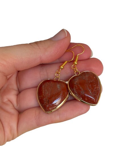 Jasper Gold Earrings - Crystal Earrings - Red Jasper Earrings - Heart Earrings - Dainty Earrings - Perfect Gift For Her - Red Crystal