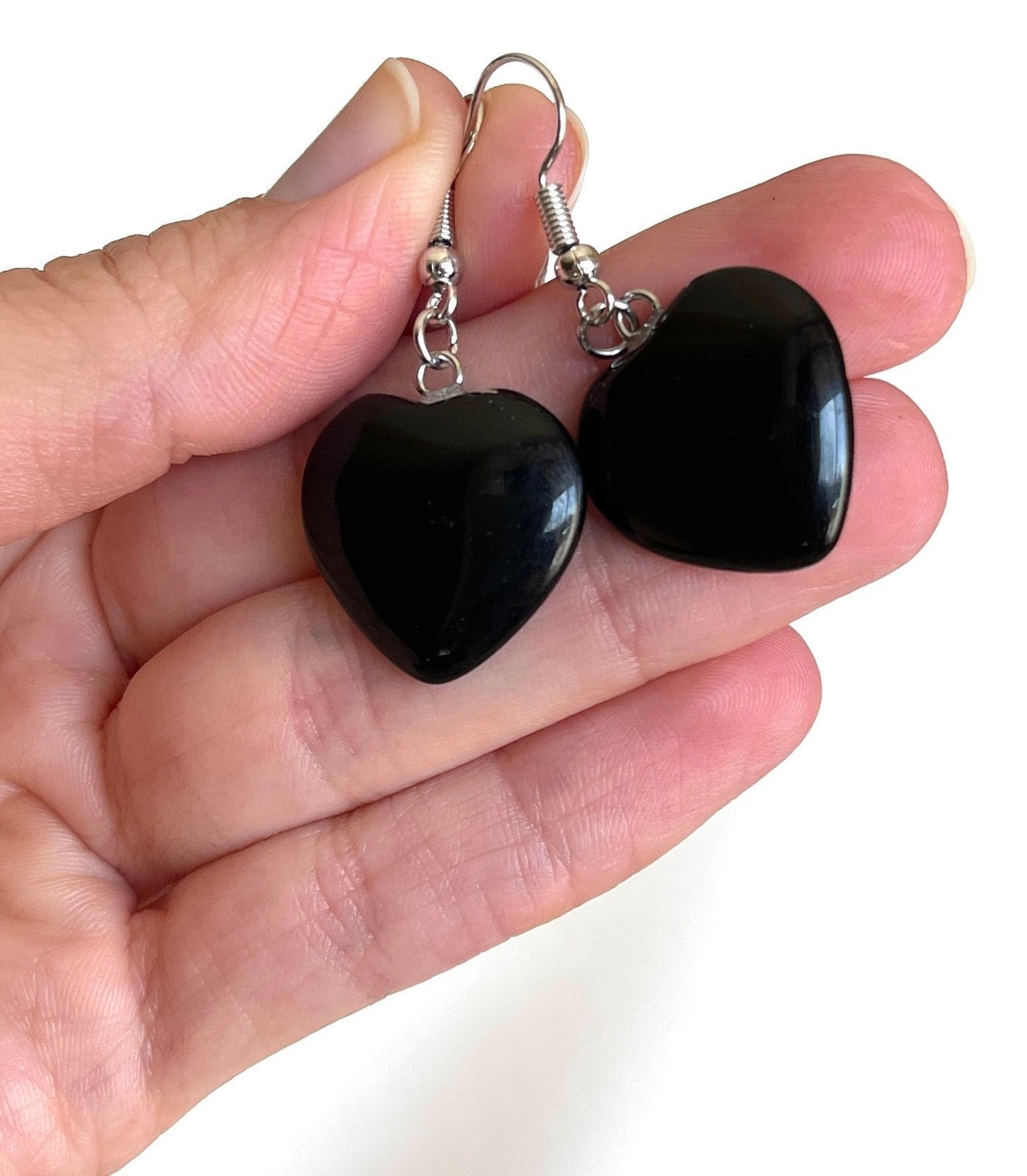 Obsidian Earrings - Silver Obsidian Earrings - Obsidian Heart Earrings - Crystal Earrings - Small Crystal Earrings - Black Obsidian