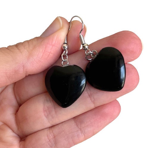 Obsidian Earrings - Silver Obsidian Earrings - Obsidian Heart Earrings - Crystal Earrings - Small Crystal Earrings - Black Obsidian