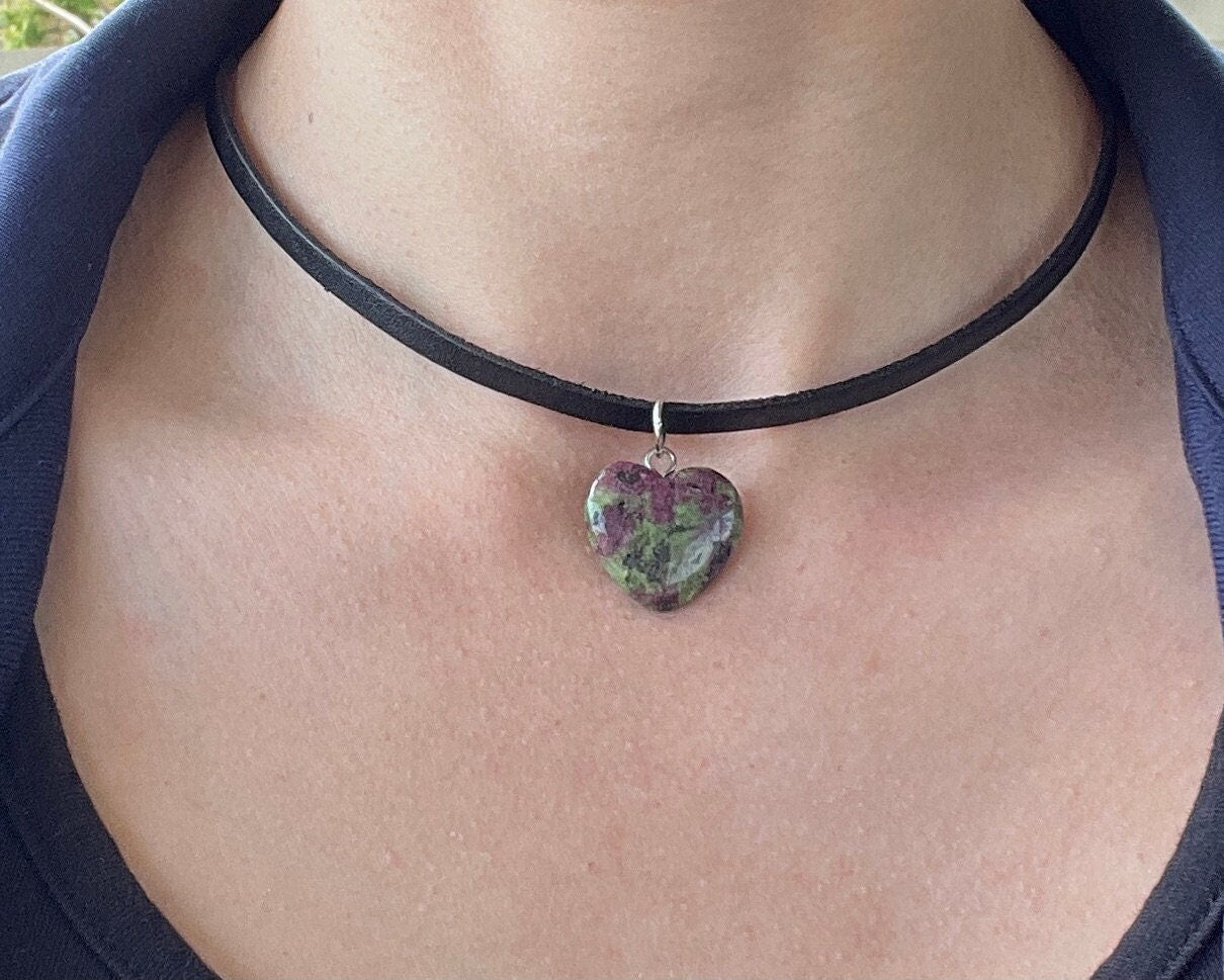 Ruby In Zoisite Necklace - Leather Necklace - Crystal Heart Necklace - Leather Necklace - Dainty Ruby  - Heart Necklace - Ruby Pendant