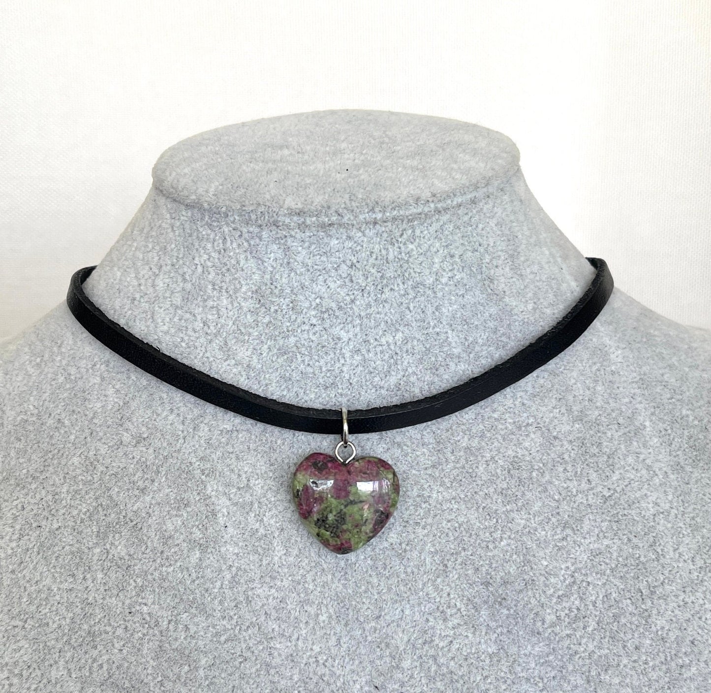 Ruby In Zoisite Necklace - Leather Necklace - Crystal Heart Necklace - Leather Necklace - Dainty Ruby  - Heart Necklace - Ruby Pendant