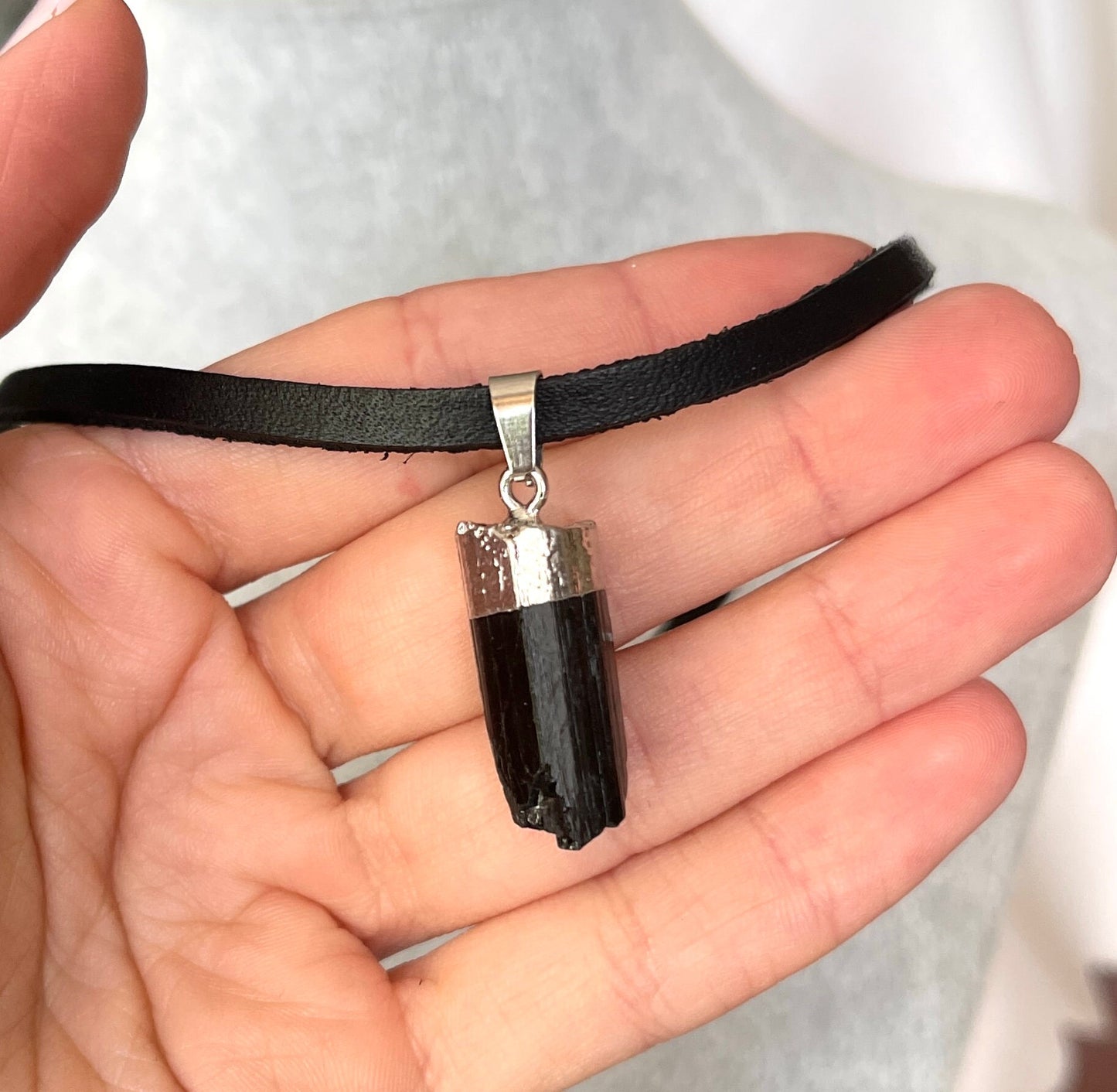 Tourmaline Necklace -  Raw Tourmaline Necklace - Silver Dipped Pendant - Black Tourmaline  Necklace - Goth Choker - Leather Necklace