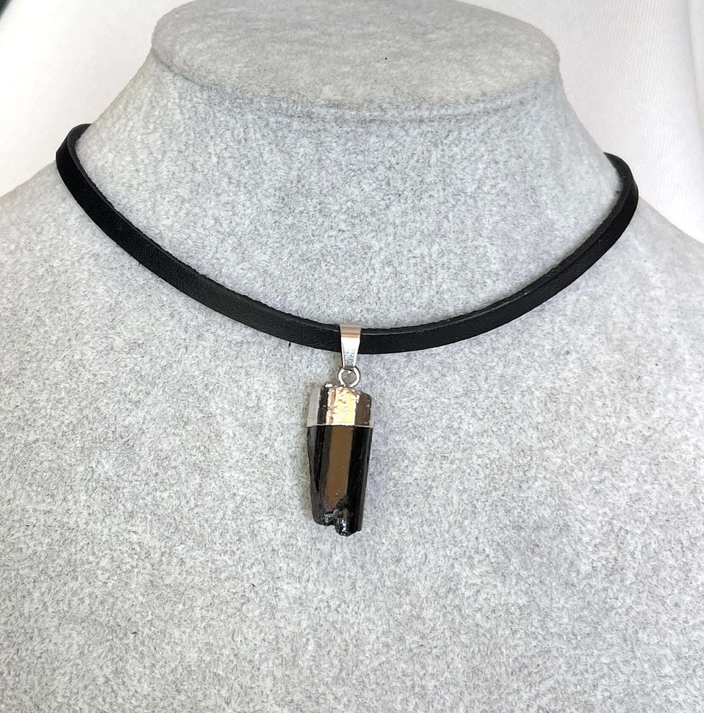 Tourmaline Necklace -  Raw Tourmaline Necklace - Silver Dipped Pendant - Black Tourmaline  Necklace - Goth Choker - Leather Necklace