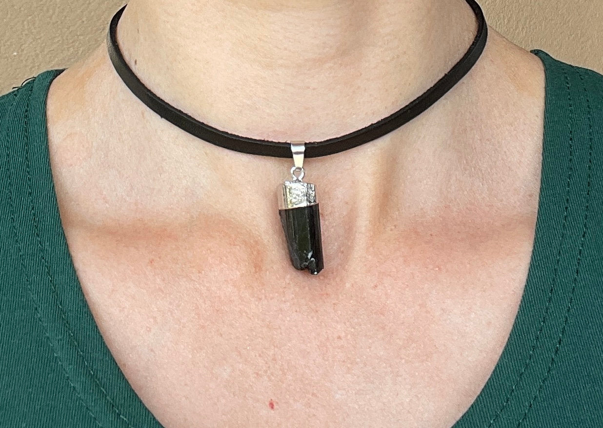 Tourmaline Necklace -  Raw Tourmaline Necklace - Silver Dipped Pendant - Black Tourmaline  Necklace - Goth Choker - Leather Necklace