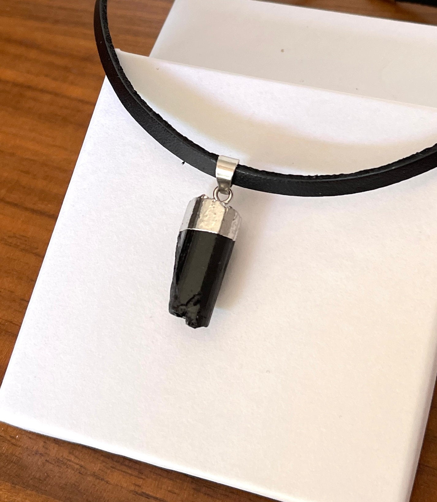 Tourmaline Necklace -  Raw Tourmaline Necklace - Silver Dipped Pendant - Black Tourmaline  Necklace - Goth Choker - Leather Necklace