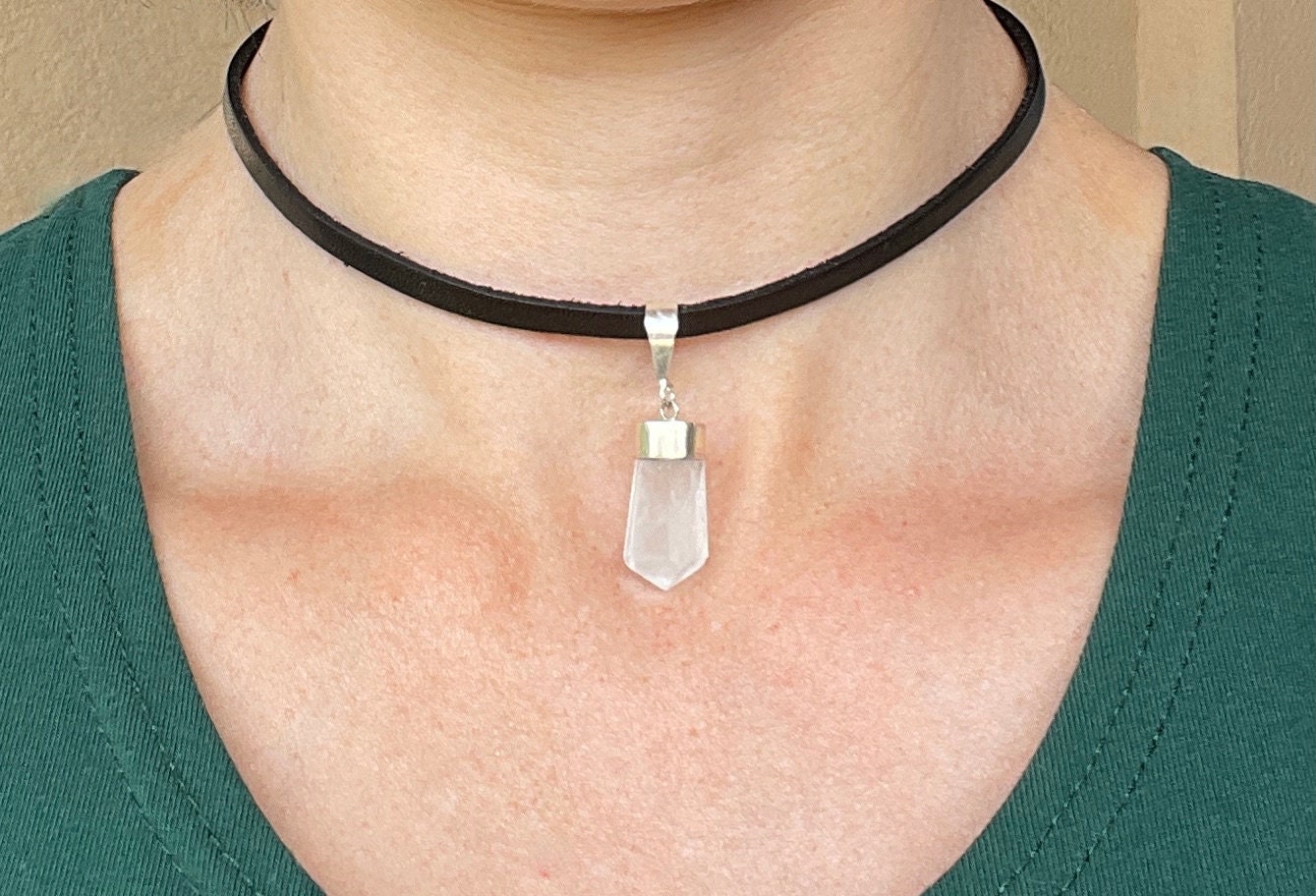 Quartz Necklace -  Raw Quartz Necklace - Silver Dipped Pendant -  Quartz Pendant - Goth Choker - Leather Necklace - Clear Quartz