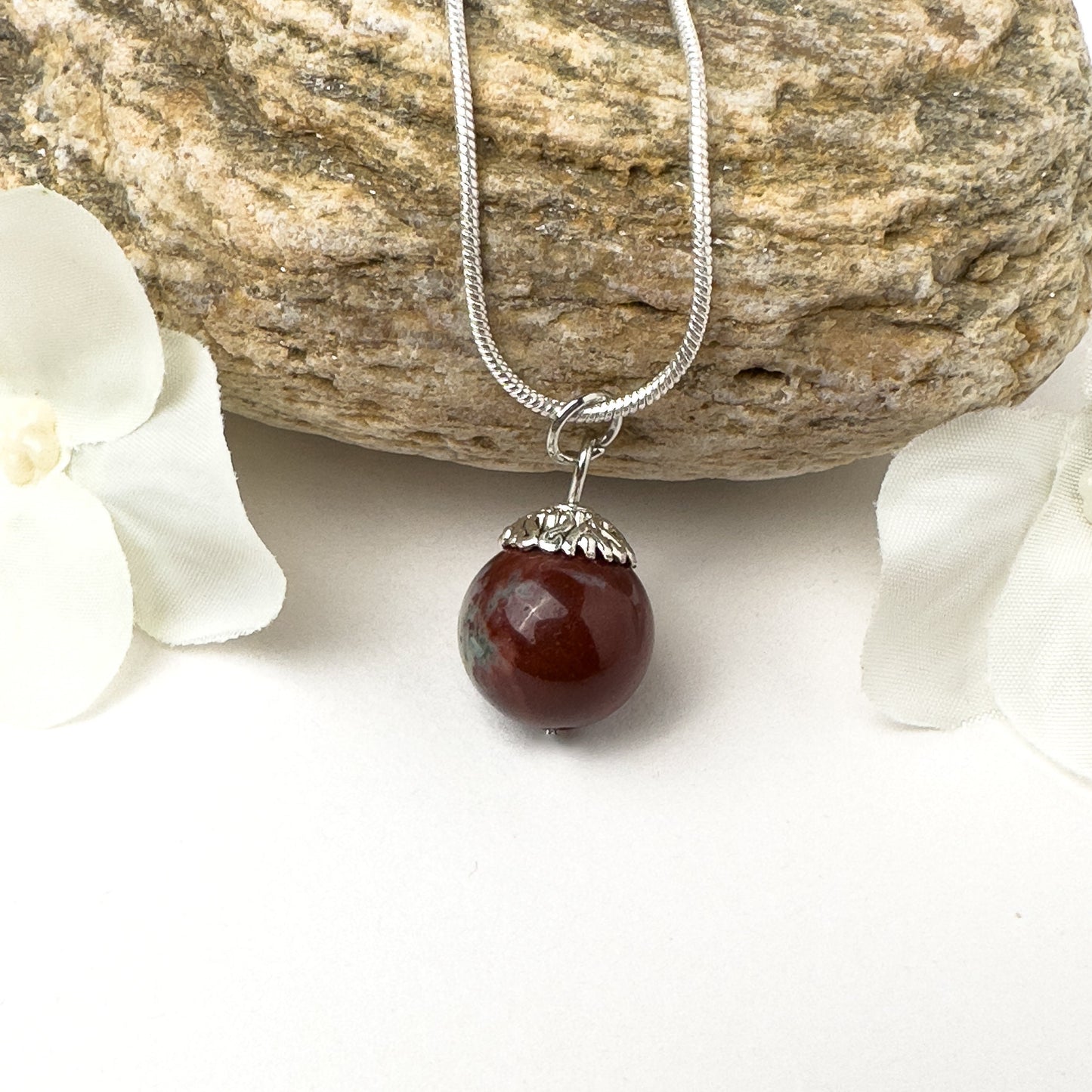 Sterling Silver Bloodstone Necklace  - Heliotrope Bloodstone Pendant  14k Gold Filled Chain - Delicate Bloodstone Necklace - Red Stone