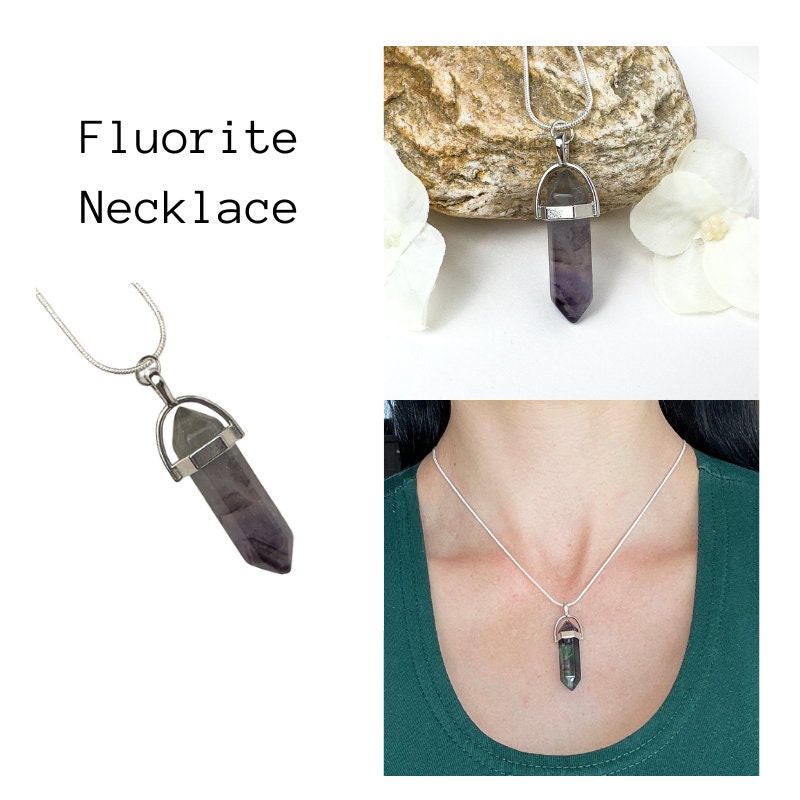 Sterling Silver Rainbow Fluorite Necklace - Silver Fluorite Necklace - Fluorite Necklace Point  -  Fluorite Jewelry  - Crystal Necklace