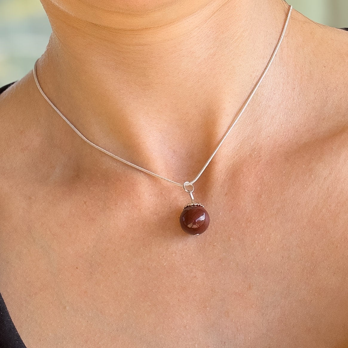 Sterling Silver Bloodstone Necklace  - Heliotrope Bloodstone Pendant  14k Gold Filled Chain - Delicate Bloodstone Necklace - Red Stone