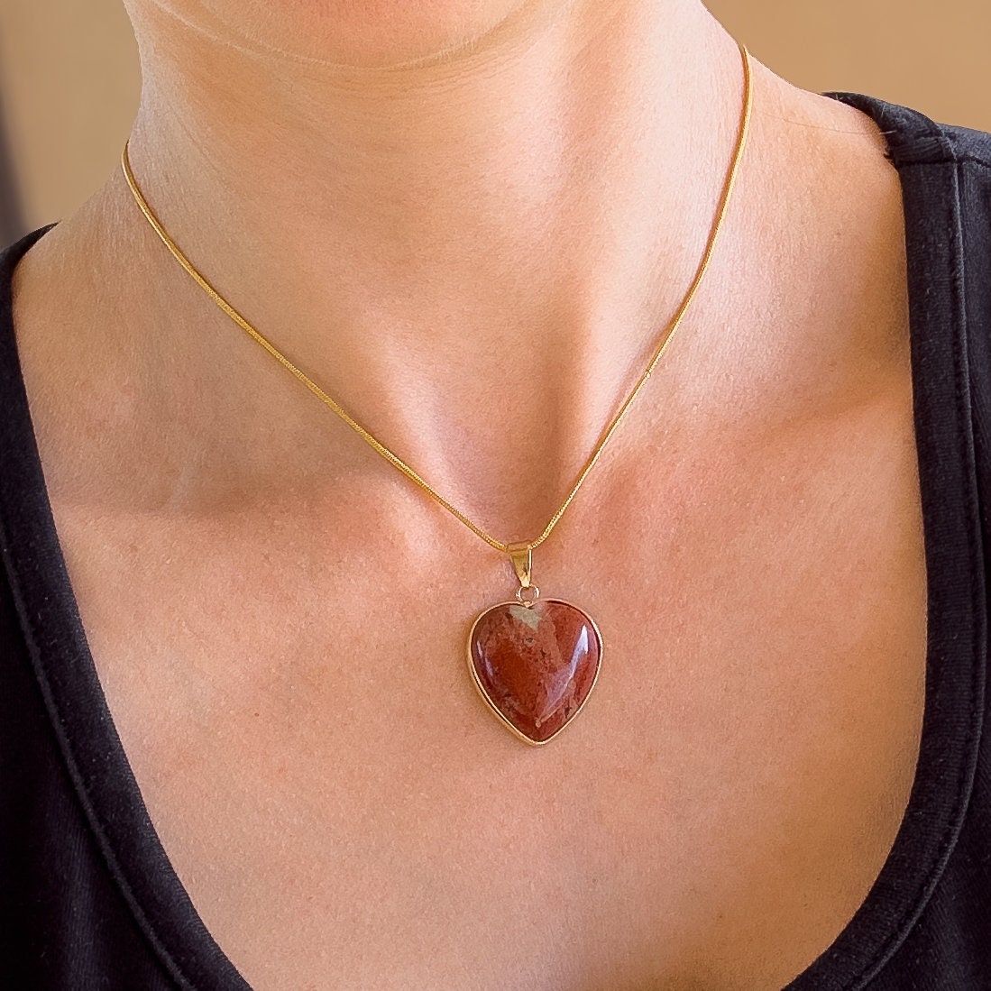 14k Gold Filled Jasper Gold Necklace -  Crystal Necklace - Red Jasper Necklace - Heart Necklace - Red Crystal - Jasper Pendant - Mom Gift