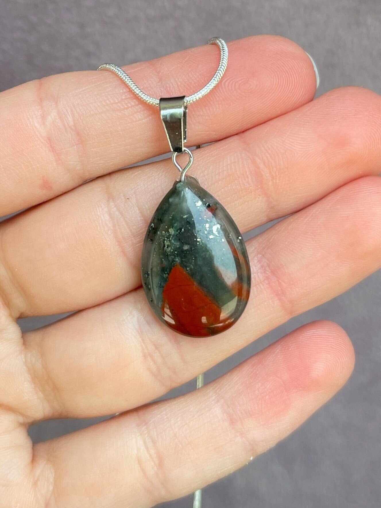 Bloodstone necklace with 925 sterling silver chain