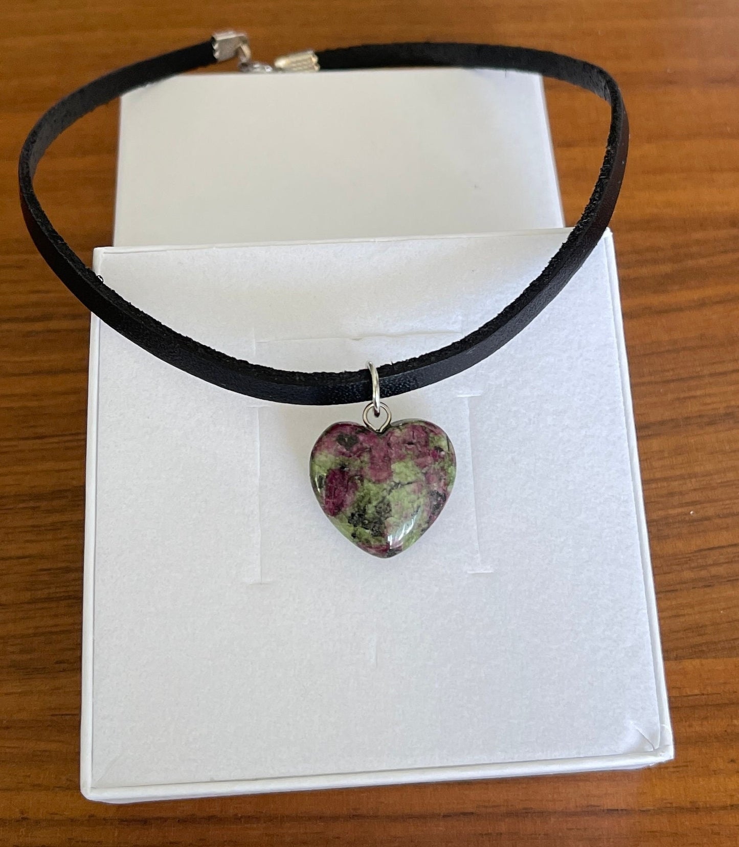 Ruby In Zoisite Necklace - Leather Necklace - Crystal Heart Necklace - Leather Necklace - Dainty Ruby  - Heart Necklace - Ruby Pendant